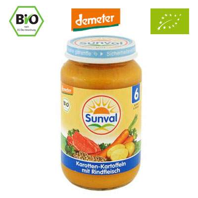 Piure Organic din morcovi, cartofi si carne vita, Gr. +6 luni, 190 g, Sunval