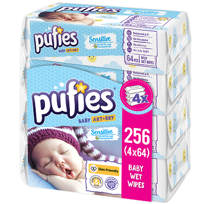 Servetele umede Pufies Baby Art Sensitive, +0 luni, 4x64 bucati, Ficosota Sintez