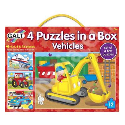 Set puzzle in cutie cu vehicule, 4 puzzle, 1004009, Galt