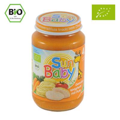 Spaghete Bio cu legume si curcan, Gr. 4 luni, 190 g, Sun Baby Food