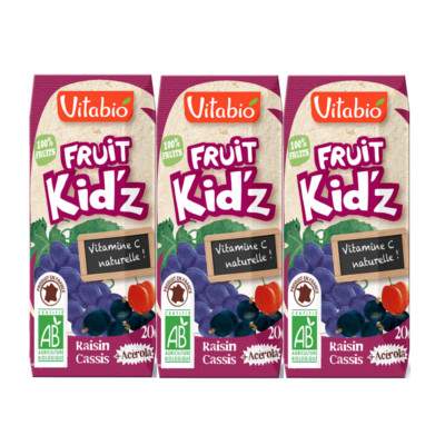 Suc Bio Organic de struguri, coacaze negre si acerola Fruit Kid'z, 3x200 ml, Vitabio