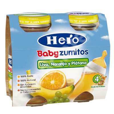 Suc de portocale, banane si struguri, +4 luni, 2x130 ml, Hero Baby
