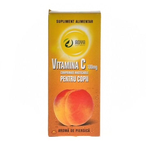 Vitamina C 100 mg cu aroma de piersica pentru copii, 30 comprimate, Adya