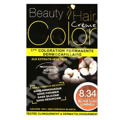 Vopsea de par cu extracte vegetale si bumbac Luminous Light Blonde, Nuanta 8.34, 160 ml, Beauty Hair Color