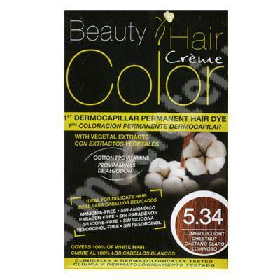 Vopsea de par cu extracte vegetale si bumbac Luminous Light Chestnut Nuanta 5.34, 160 ml, Beauty Hair Color