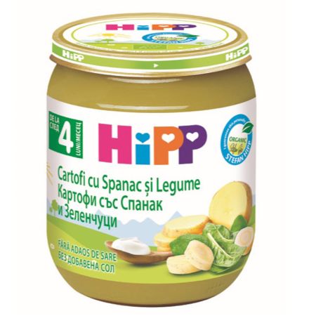 Piure Bio crema din spanac si legume, +4 luni, 125 g, Hipp