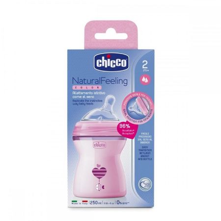 Biberon plastic Natural Feeling, roz, 250ml, t.s., 2luni+, 0%BPA, Chicco 