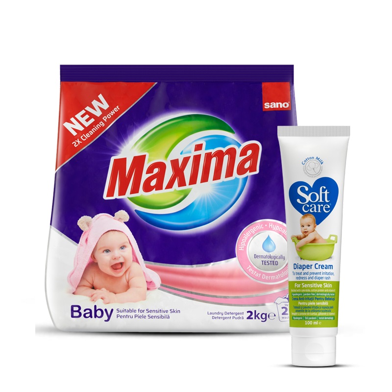 Oferta Pachet, Detergent pentru rufe Maxima, 2 kg si Crema Soft Care Anti-iritatii, 100 ml, Sano