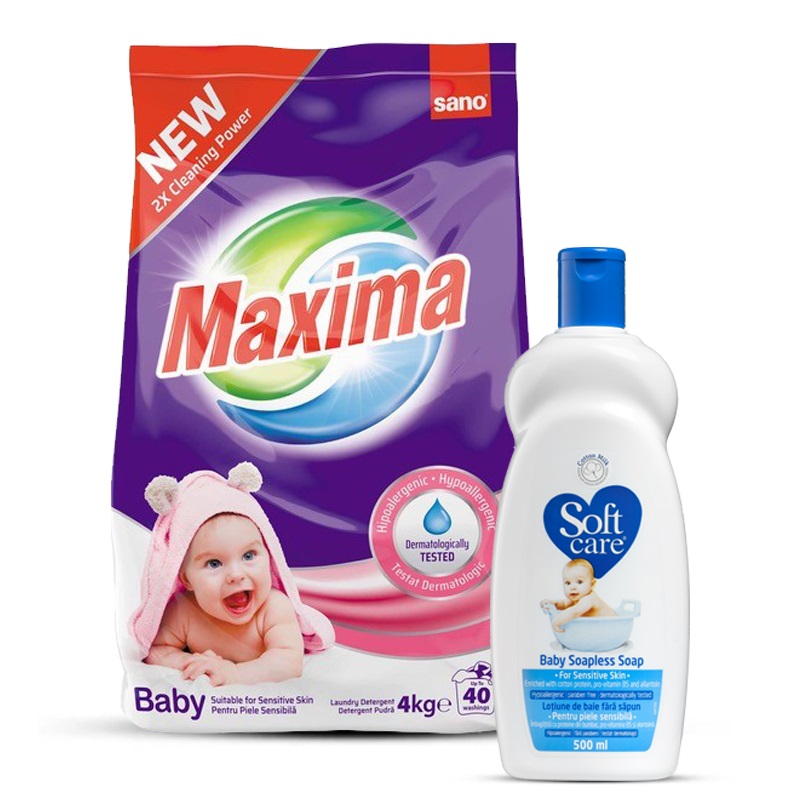 Oferta Pachet, Detergent pudra Maxima Baby, 4 kg si Lotiune de baie Soft Care, 500 ml, Sano