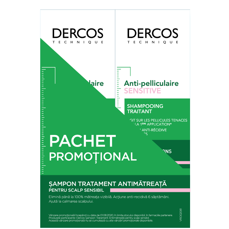 Pachet sampon antimatreata pentru scalp sensibil, Dercos, 2x200 ml, Vichy