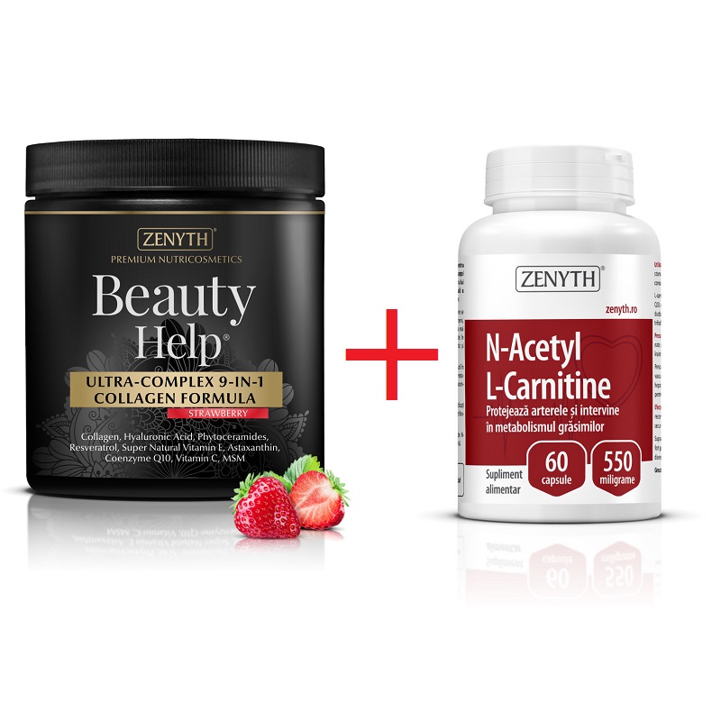 Beauty Help cu aroma de capsuni, 300 g + N-Acetyl L-Carnitine 550 mg, 60 capsule, Zenyth
