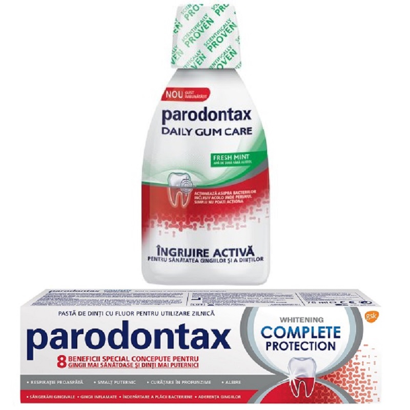Pachet Pasta de dinti Complete Protection Whitening Parodontax, 75 ml + Apa de gura fara alcool Daily Gum Care Fresh Mint Parodontax, 300 ml, Gsk