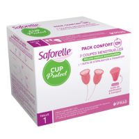 Cupe menstruale din silicon biocompatibil, 2 bucati si 1 recipient pentru sterilizare, marimea 1, Saforelle