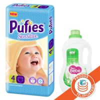 Oferta Pachet Scutece nr. 4 Pufies Baby Sensitive, 7-14 kg, 56 buc si Detergent Teo Bebe Soft Aloe, 1.1L, Ficosota