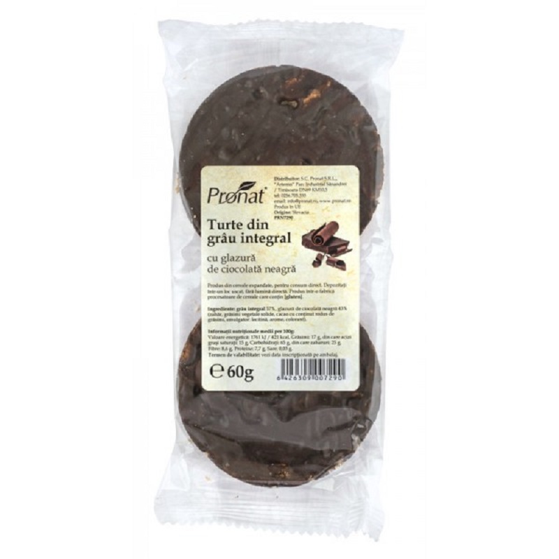 Turte din grau integral cu glazura de ciocolata neagra, 60 gr, Pronat