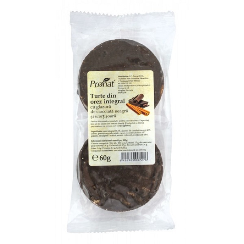 Turte din orez integral cu glazura de ciocolata neagra si scortisoara, 60 gr, Pronat