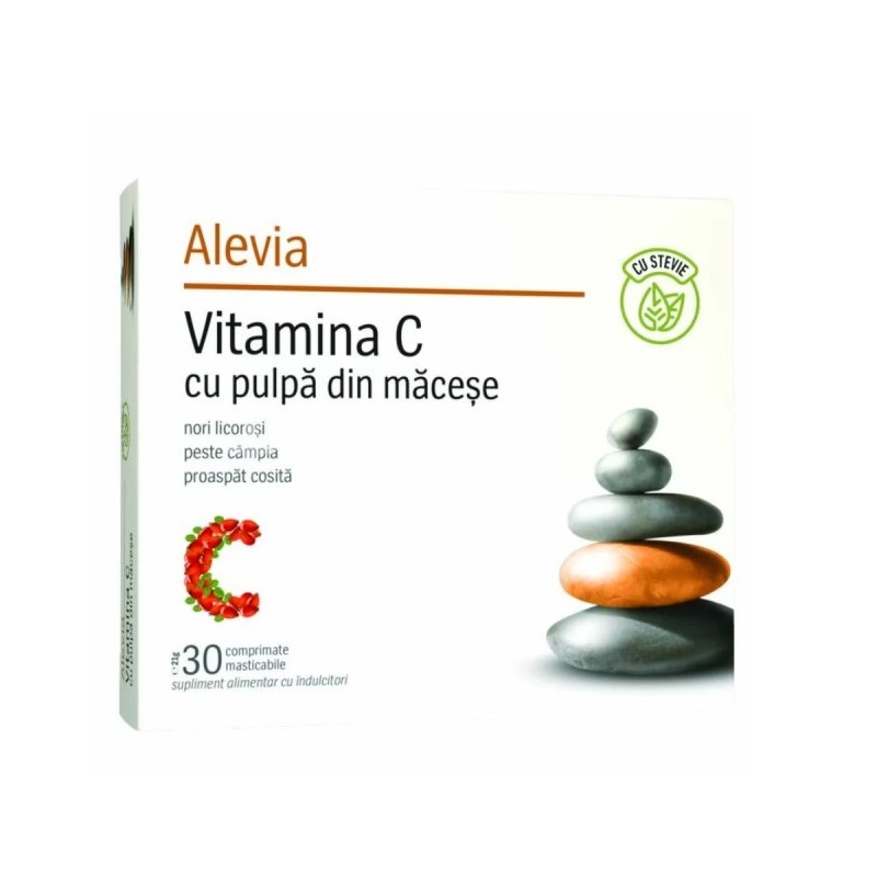Vitamina C cu pulpa de macese si stevie, 30 comprimate, Alevia