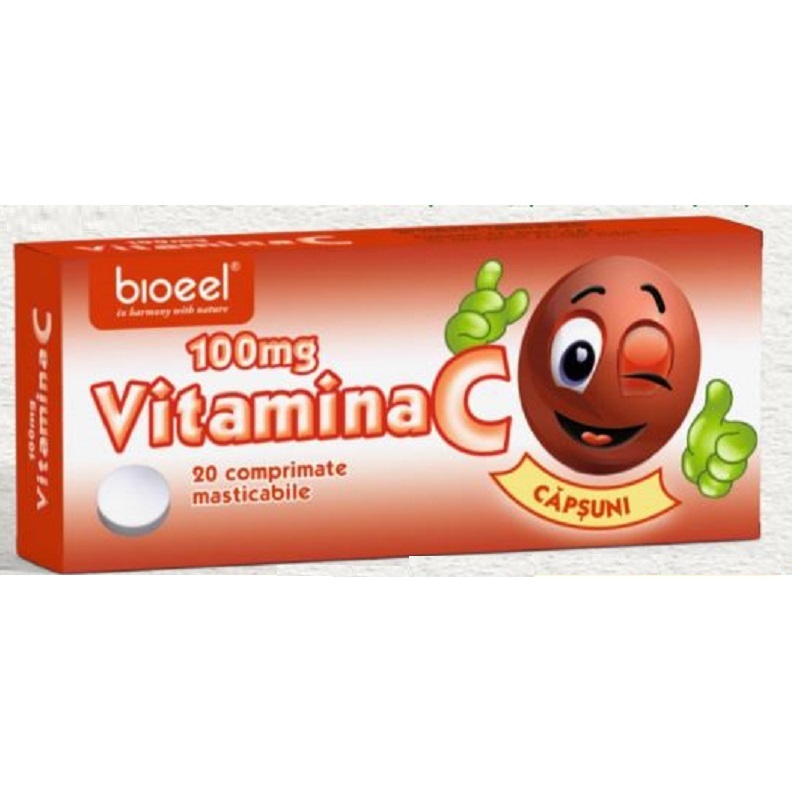 Vitamina C cu aroma de capsuni, 100 mg, 20 comprimate masticabile, Bioeel